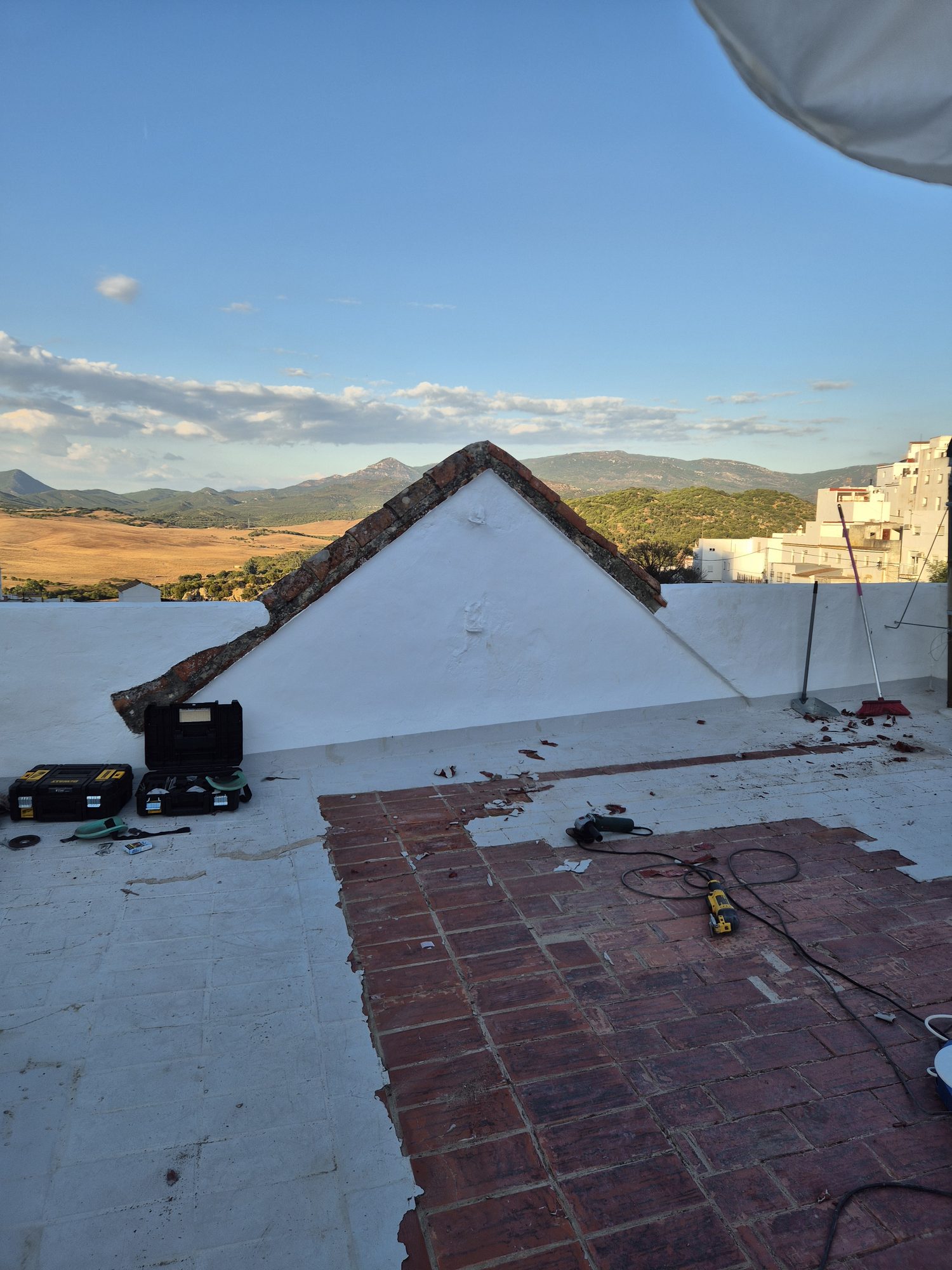 Exterior roof repair seen from below