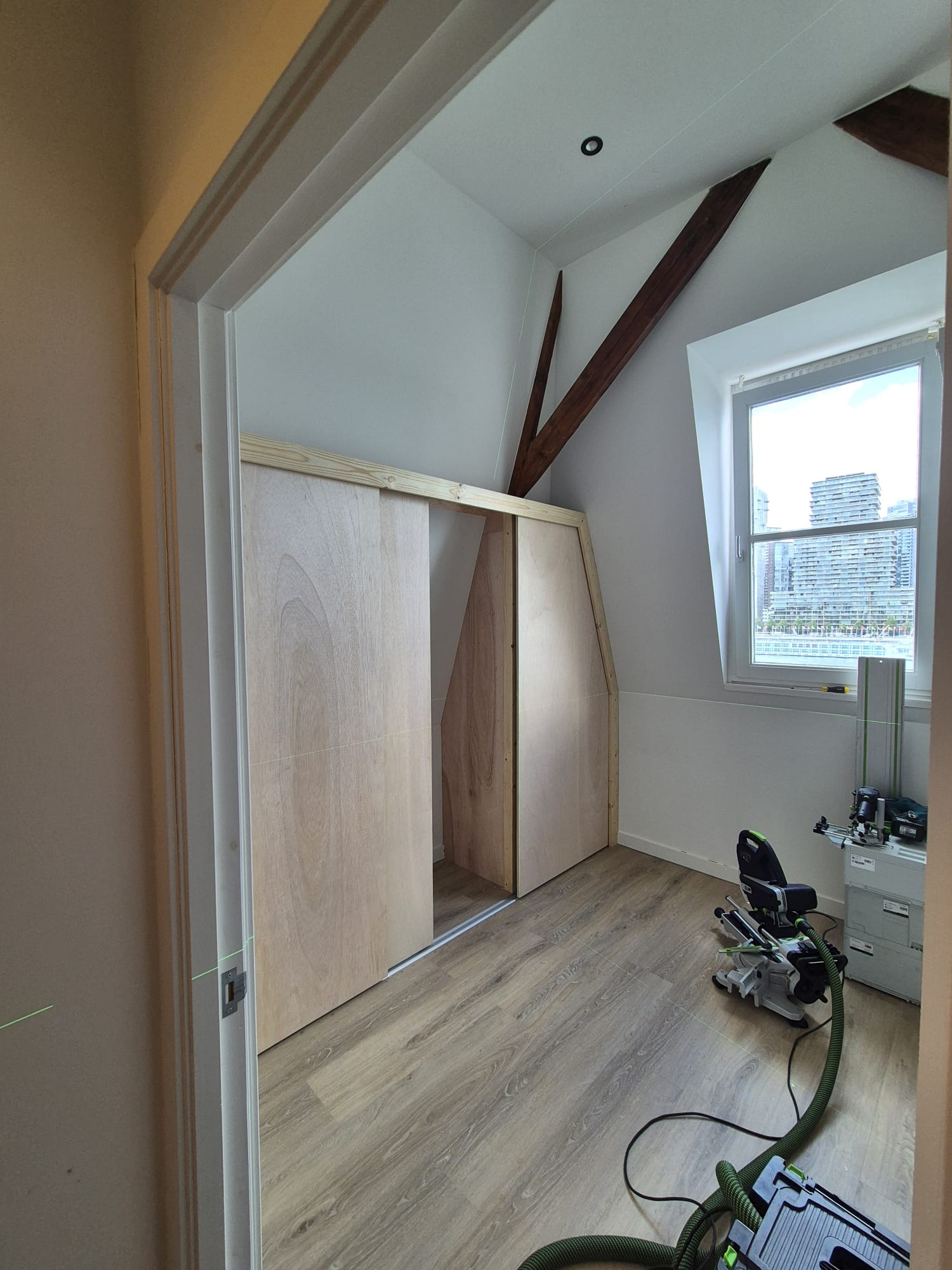 Attic closet installation before staining